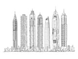 Fototapeta Londyn - Illustration of the Dubai skyline: Skyscrapers of the Dubai Marina Sketch collection