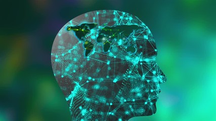 Poster - Grid of thin straight lines connected by dots inside the head profile and geographic map of the world, computer generated backdrop, 3d rendering