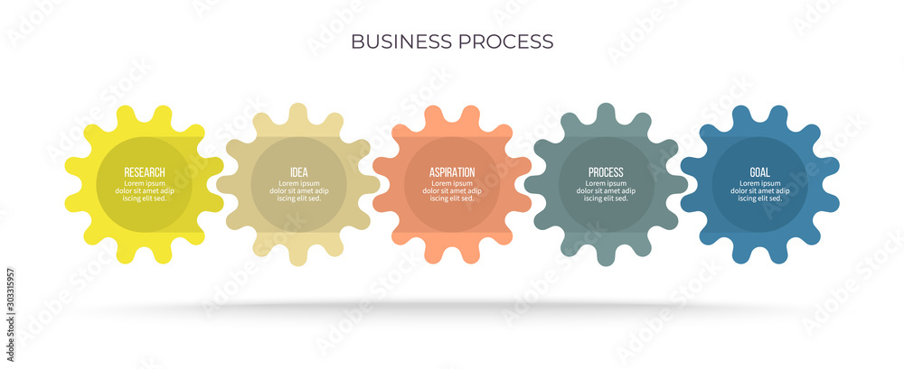 Business infographic. Process chart with 5 options, gears, steps ...