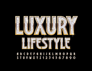 Wall Mural - Vector shiny sign Luxury Lifestyle with elegant Font. Golden Alphabet Letters and Numbers with silver gems