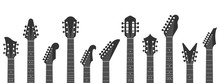 Guitar Headstocks. Guitars Necks, Rock Music And Guitar Peghead With Tuning Pegs. Acoustic And Electric Guitar Neck Silhouette Isolated Vector Illustration