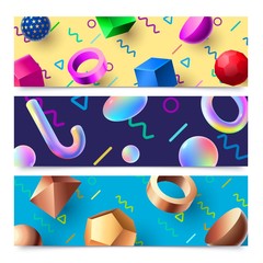 Wall Mural - Abstract 3D geometric shapes banners. Colorful 80s holographic 3D objects background, modern art composition banner frame. Abstraction posters, hipster 90s brochure isolated vector set
