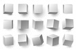 © Tartila - Realistic 3D white cubes. Minimal cube shape with different perspective, geometric box shapes. Medical packing, gift wrapping boxes or cube container. Isolated vector illustration symbols set