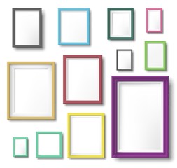 Realistic color photo frame. Rectangular picture frame hanging wall with realistic shadow, square borders and modern simple frames template. Wall photo shot album isolated vector icons set