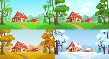 Cartoon House In Woods. Forest Village Four Seasons Landscapes. Spring, Summer, Autumn And Winter Trees. Forests House Landscape, Rural Home Or Wood Village Cottage Vector Illustration