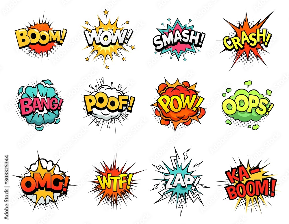 Cartoon comic sign burst clouds. Speech bubble, boom sign expression and pop art text frames. Comics mem expressions speech, superhero book bubbles label. Isolated vector symbols set - obrazy, fototapety, plakaty 