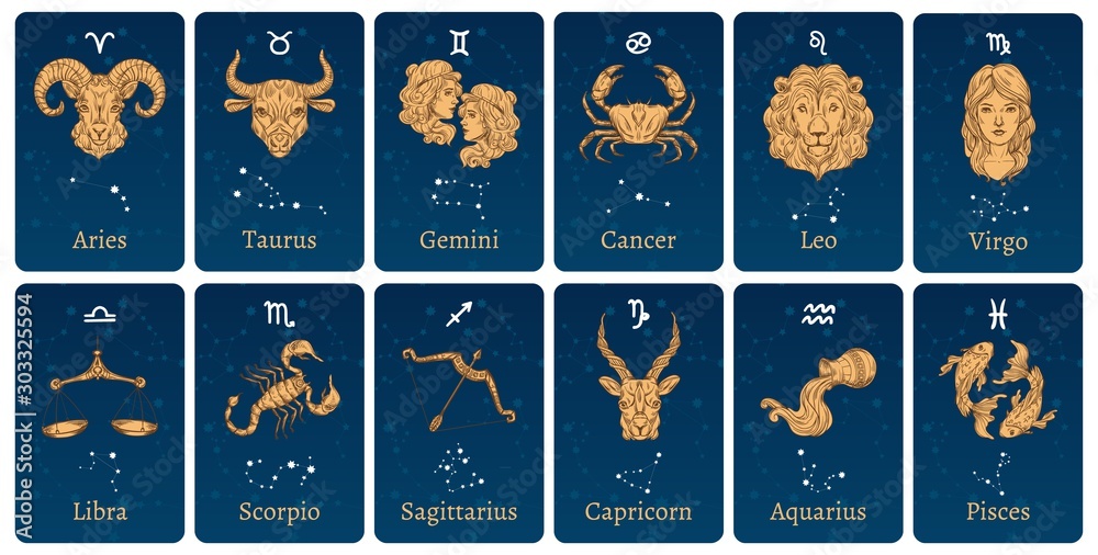 Zodiac constellations and signs. Horoscope cards with constellation stars, decorative zodiac sketch symbols. Astronomy zodiac map, zodiacal star posters. Isolated vector illustration icons set - obrazy, fototapety, plakaty 