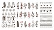 Hand drawn ornamental winter elements. Doodle christmas snowflake, floral branches and decorative borders. Gift boxes, ornament deco borders and Xmas tree leaves. Isolated vector symbols set