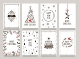 Fototapeta  - Hand drawn winter holidays cards. Merry Christmas card with floral ornaments, New Year tree and snowflakes frame. 2020 Xmas greeting or invitation inspire quote cards. Isolated vector icons set