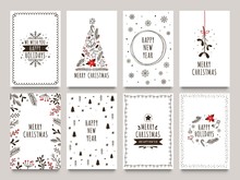 Hand Drawn Winter Holidays Cards. Merry Christmas Card With Floral Ornaments, New Year Tree And Snowflakes Frame. 2020 Xmas Greeting Or Invitation Inspire Quote Cards. Isolated Vector Icons Set