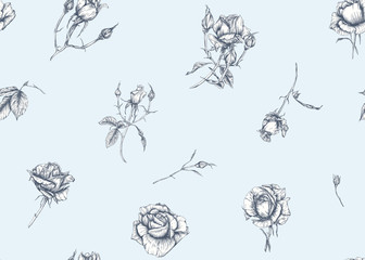 Wall Mural - Roses and spring flowers seamless pattern. Graphic drawing, engraving style. Vector illustration.