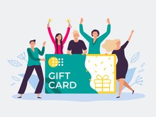 Gift Card Voucher. Gift Certificate, Discount Cards For Customers And Happy People Hold Gift Coupon. Shopping Voucher Prize Winning Flat Vector Illustration