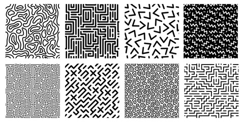Wall Mural - Seamless geometric pattern. Striped labyrinth, 80s style texture and abstract digital maze patterns. Ink geometrical doodle, trendy memphis fabric. Isolated vector icons set