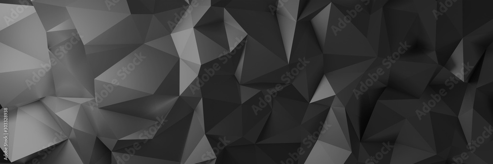 3d ILLUSTRATION, of black abstract crystal background, triangular texture, wide panoramic for wallpaper, 3d black background low poly design - obrazy, fototapety, plakaty 