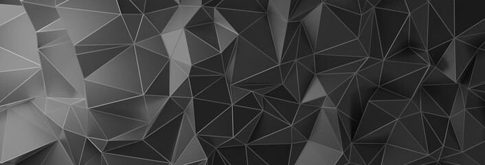 Poster - 3d ILLUSTRATION, of black abstract crystal background, triangular texture, wide panoramic for wallpaper, 3d black background low poly design