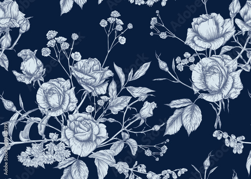 Materiał do szycia Roses and spring flowers seamless pattern. Graphic drawing, engraving style. Vector illustration.