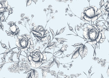 Roses And Spring Flowers Seamless Pattern. Graphic Drawing, Engraving Style. Vector Illustration.