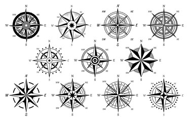 Vintage compass. Windrose antique compasses nautical cruise sailing symbols, sea travel marine navigation map element vector icons set