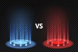 Vs. Versus battle glowing podiums for fighters matching, blue and red circular glow. Mma and boxing challenge, competition vector concept