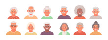 Set Of Avatars Characters Of Older People. A Collection Of Portraits Of Elderly Men And Women Of Different Nationalities