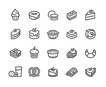 Cakes And Cookies Line Icons. Bakery And Sweet Food Pictogram, Croissant Donuts Cupcakes Cookies Brownies And Pies. Vector Illustration Confectionery Dessert Products Line Icon Set