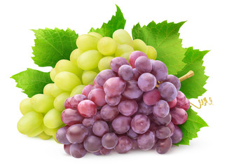 Isolated grape varieties. Bunch of white and red grapes with leaves isolated on white background with clipping path