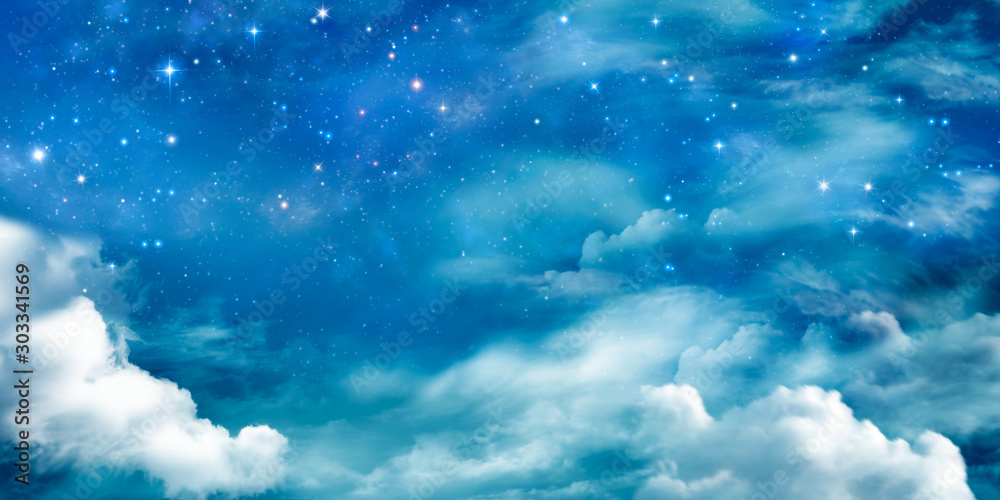 Fairy winter night sky with stars and clouds. - obrazy, fototapety, plakaty 