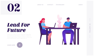 Poster - Hardwork Corporate Company Workers Sitting at Desk Work on Pc Website Landing Page. Business People Working on Personal Computer in Creative Office Web Page Banner. Cartoon Flat Vector Illustration