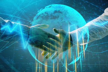 Multi exposure of forex graph and world map on abstract background with two businessmen handshake. Concept of success on international markets