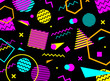 Geometric pattern in memphis 80-90s style on black background with geometric shapes. Vector illustration.