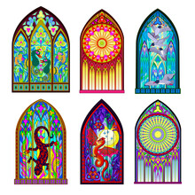 Set Of Different Beautiful Colorful Stained Glass Windows In Gothic Style. Middle Age Architecture In Western Europe. Modern Print. Vector Image.