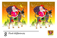 Logic Puzzle Game For Children And Adults. Find 8 Differences. Printable Page For Kids Textbook. Santa Claus With Christmas Gifts Riding On Donkey. Developing Counting Skills. IQ Test.