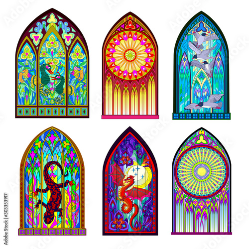 Cuadros en Lienzo Set of different beautiful colorful stained glass windows in Gothic style