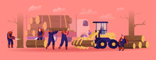 Lumberjack Male Characters In Working Overalls With Truck, Equipment And Tools Logging In Forest. Woodcutters Using Chainsaw Cutting Wooden Log. Lumber Workers Job. Cartoon Flat Vector Illustration