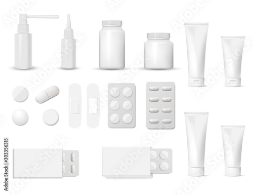 Fotomural 3d blank pharmaceutical packs: blister of pill and capsules, tube, container for tablet, bottle for drugs isolated on white background