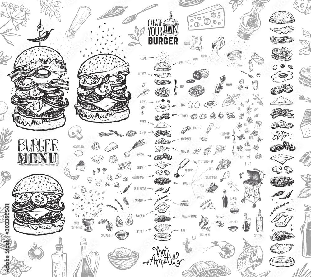 Burger menu. Vintage template with hand drawn sketches of hamburger and its ingredients. Engraving style vector icons - bun, cutlet, cucumbers, tomatoes and cheese. - obrazy, fototapety, plakaty 