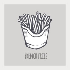 French fries hand drawn sketch. Vintage vector icon for fast food menu design. Prepared potato slices in the box