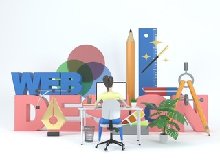 Fototapete - Girl web designer in a working environment. 3d icons and graphic design elements on a white background. Concept illustration for web page or banner. 3d rendering.