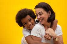 White Mother With Black Son. Adoption Concept. Social Respect, Skin Color, Inclusion.