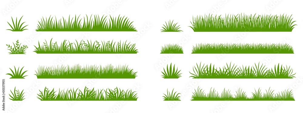 Green grass silhouette. Cartoon lines of plants and shrubs for boarding and framing, eco and organic logo element. Vector set spring bio field banner or fresh organic pasture - obrazy, fototapety, plakaty 