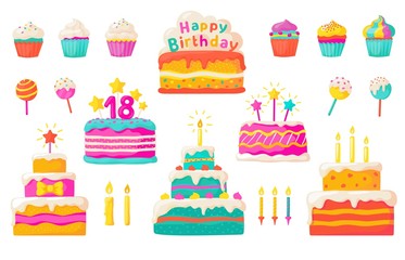 Birthday cakes. Party celebration cupcake with candles and invitation, colorful and chocolate flat cakes. Vector set tasty dessert main dish of holiday and anniversary with chocolate and sweet