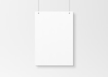 White Poster Isolated Hanging By Strings On Wall Mockup 3D Rendering