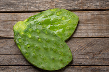 Mexican Fresh Nopal Cactus Ingredient On Wooden Background