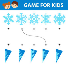 Wall Mural - Education logic game for preschool kids. Kids activity sheet. Find the true shadows (silhouettes) of snowflakes. Children funny riddle entertainment.