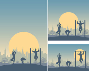 Family sport outdoor. Dad, mom and son are engaged in fitness, pilates, yoga outside a city, performs physical exercises to promote health in nature. Vector template for poster, banner, card.