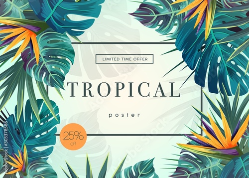 Bright Tropical Background With Jungle Plants Exotic Pattern With Tropical Leaves Stock Vektorgrafik Adobe Stock