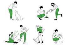 Community Workers Flat Contour Vector Illustrations Set. Social Activists Isolated Cartoon Outline Characters On White Background. Pet Adoption, Garbage Cleaning And Trees Planting Simple Drawing