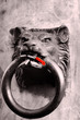 An iron lion head with a big ring in the mouth, black and white with red padlock