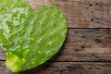 Mexican Fresh Nopal Cactus Ingredient On Wooden Background