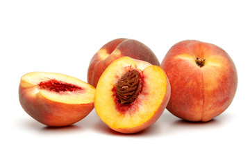 Sticker - Ripe peach fruit with slice isolated on white background